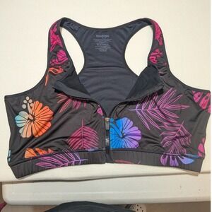 TomboyX Zip Front Sports Bra Womens 3X Black Tropical Floral Excellent Racerback